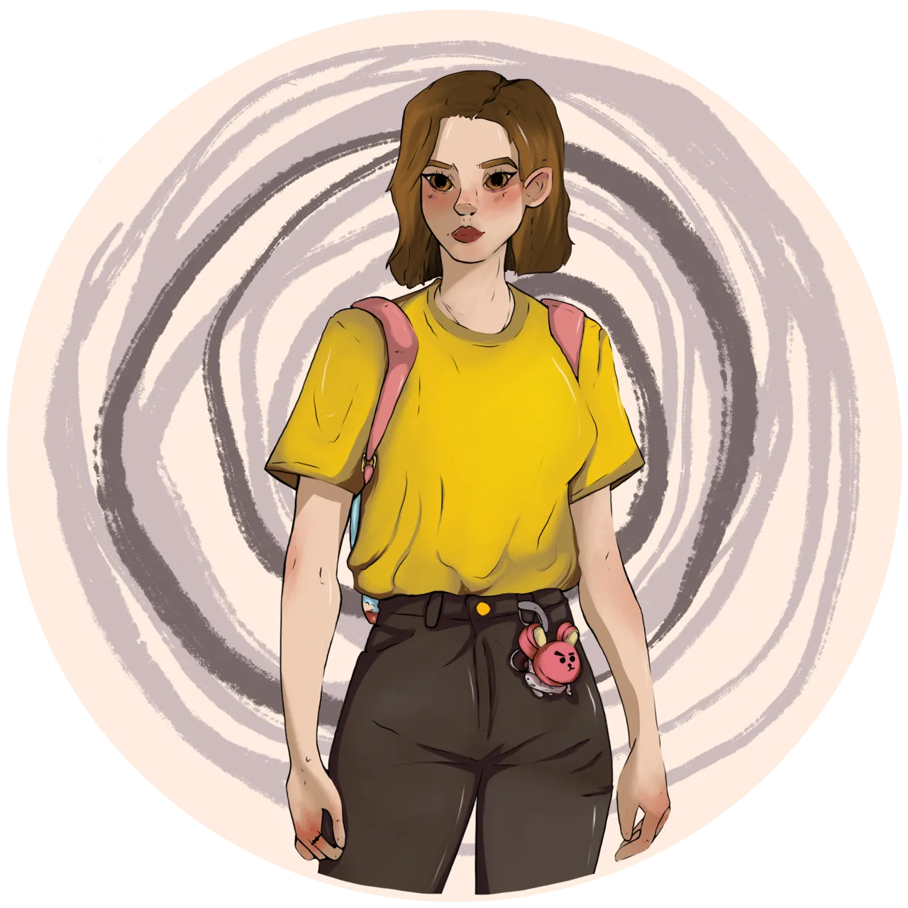 Illustrated self-portrait of Sissi — brown bob, yellow tee and pink backpack, standing inside a scribbled charcoal halo.